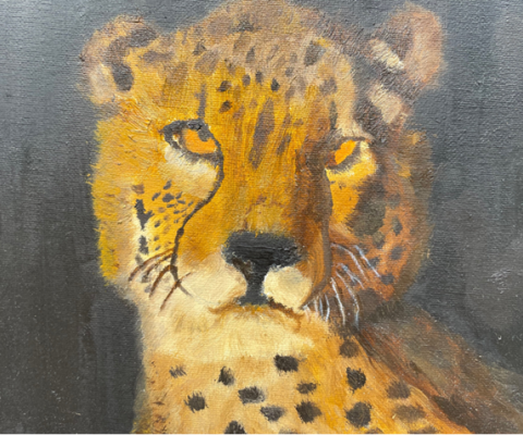 Honorable Mention & Teacher's Choice: Griffin T., "Cheetah," oil on canvas, Fourth Grade, Kirkpatrick Private Instruction, Art Educator: Toni Kirkpatrick.