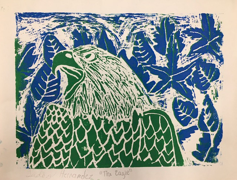 Honorable Mention: Tadeo H., "The Eagle," block print on paper, Fifth Grade, West Side Elementary, Greers Ferry, Art Educator: Cherie Grizzle.