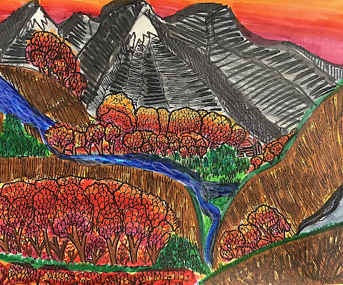 Honorable Mention: Levi Z., "Autumn Landscape," mixed media, Fifth Grade, Gibbs International Magnet, Art Educator: Blair Ray.