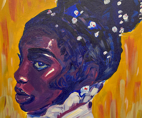 Best In Class & Teacher's Choice: Toni L., "Lady of the Pearls," acrylic on canvas, Seventh Grade, Episcopal Collegiate School, Art Educator: Sarah Higgins.