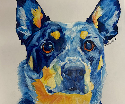 Honorable Mention: Camden W., "Cobalt Canine," marker and color pencils, Eighth Grade, Wiggins Art School, Art Educator: Shannon Wiggins.