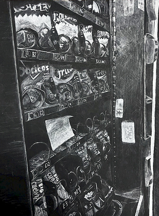 Honorable Mention: Julia P., "Vending Machine," white charcoal on black pepper, Ninth Grade, Parkview Arts & Science Magnet High School, Art Educator: Matt TerAvest.