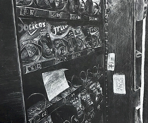 Honorable Mention: Julia P., "Vending Machine," white charcoal on black pepper, Ninth Grade, Parkview Arts & Science Magnet High School, Art Educator: Matt TerAvest.