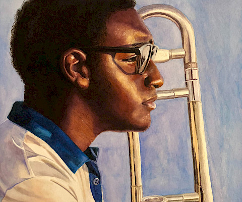 Best In Class & Teacher's Choice: Mikki Y., "In the Stands," watercolor, Twelfth Grade, Sylvan Hills High School, Art Educator: Neilann Verdell.