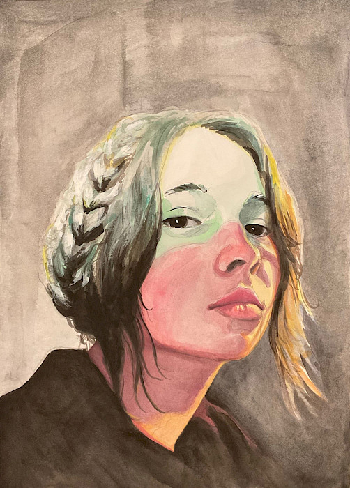 Honorable Mention: Monique D., "Self-Portrait December 2022," gouache, Twelfth Grade, Founder Classical Academy of Rogers, Art Educator: Robert Lemming.