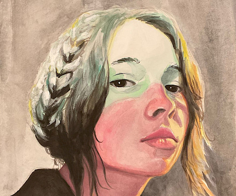 Honorable Mention: Monique D., "Self-Portrait December 2022," gouache, Twelfth Grade, Founder Classical Academy of Rogers, Art Educator: Robert Lemming.